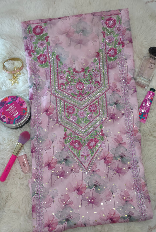 قماش مخور حرير إندونيسي مطرز بالخرز والكريستال – وردي زهور