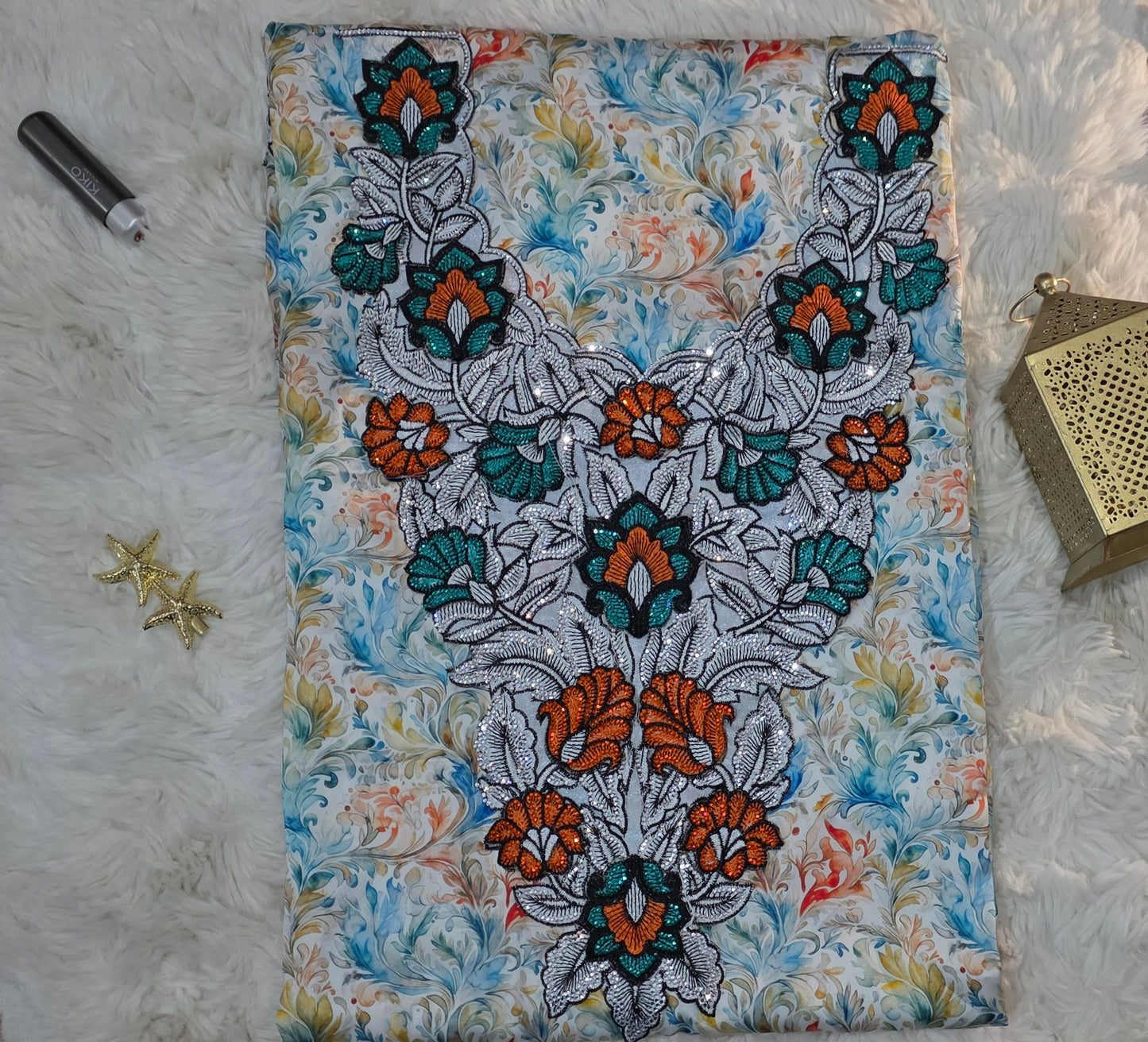 قماش مخور حرير إندونيسي بتطريز ثلاثي الأبعاد – أزرق فيروزي