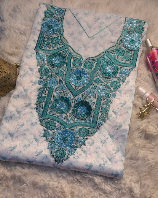 قماش مخور حرير إندونيسي بتطريز ثلاثي الأبعاد – تركواز فاتح