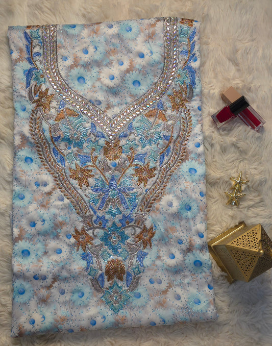قماش مخور حرير إندونيسي مطرز بالخرز والكريستال – نقشة زهور بدرجات الأزرق