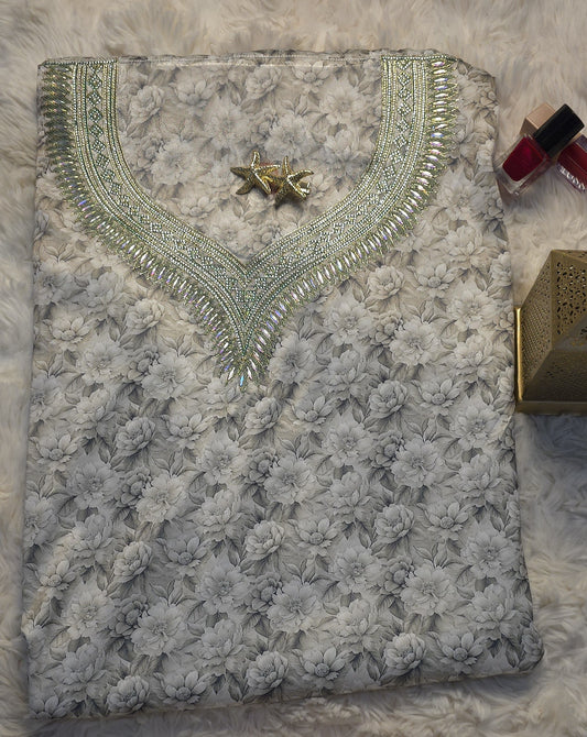 قماش مخور حرير إندونيسي بتطريز كريستال فاخر – نقشة زهور رمادية