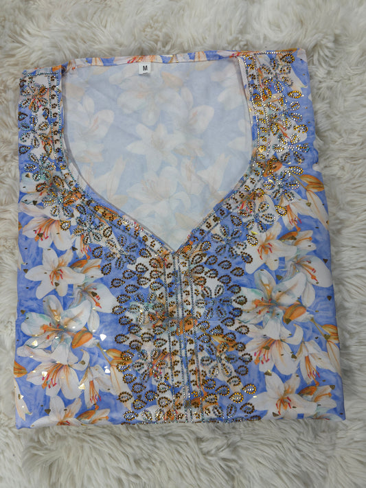 مخور حرير إندونيسي مطرز – أزرق سماوي بنقشة زهور