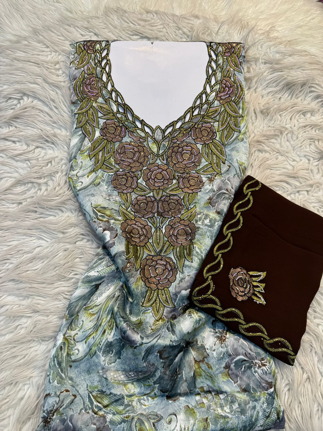 قماش مخور إندونيسي بتطريز صدري كثيف وزخرفة متدرجة مع شيلة -IN1806